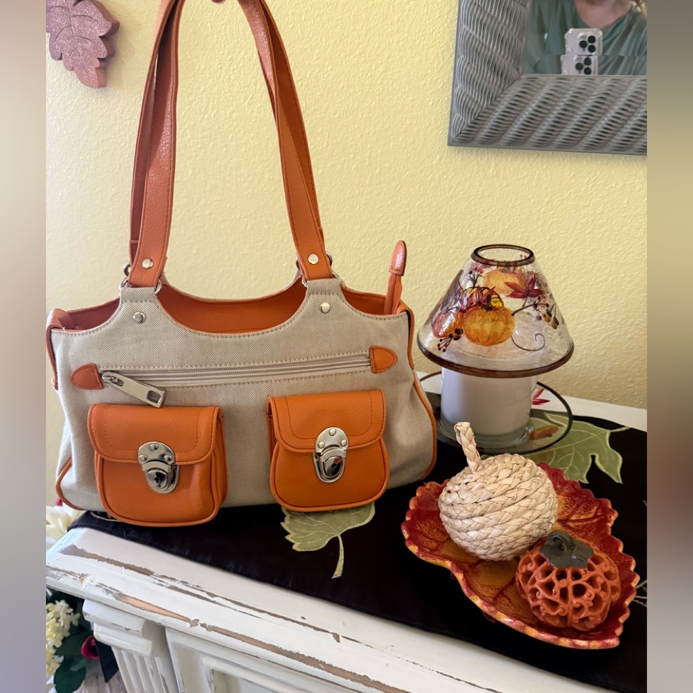 Orange and Cream Women's Handbag